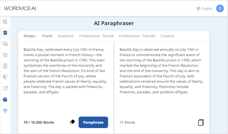 Wordvice AI online paraphrasing tools example