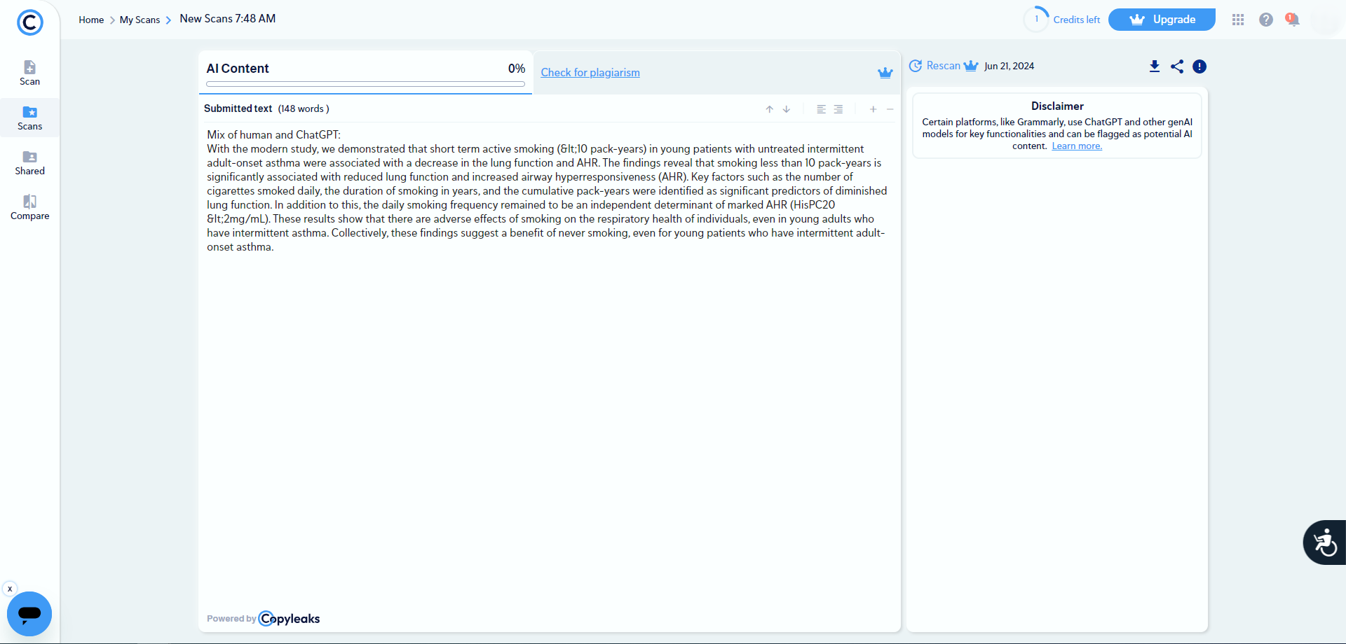 人間とAIが共同作成したコンテンツにおけるCopyleaksのAI判定ツール判定例