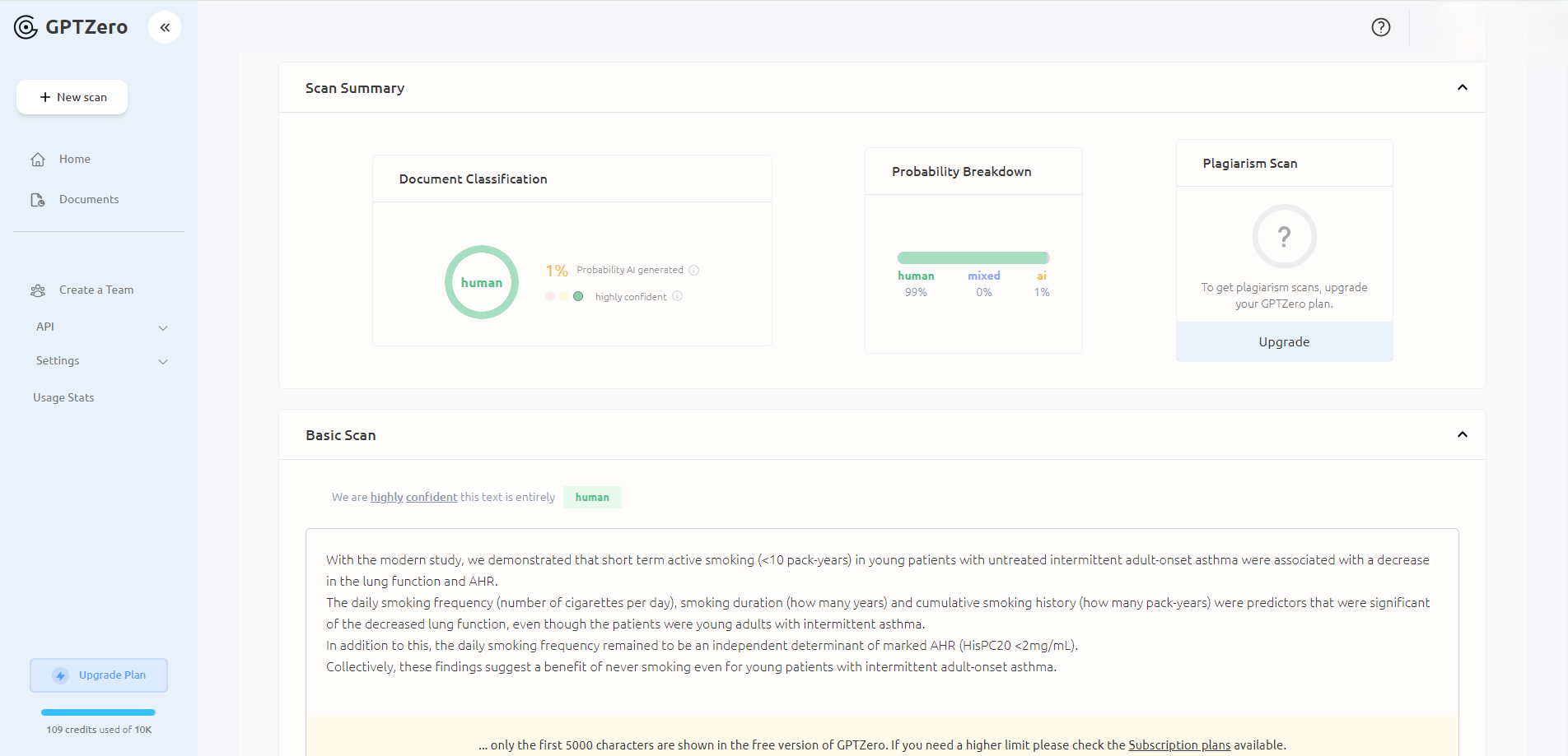 GPTZero ai content detector test for human-generated texts