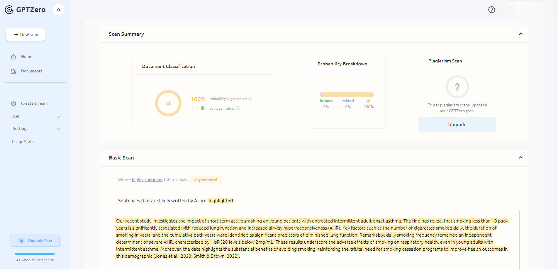 GPTZero ai content detector test for chatgpt-generated texts