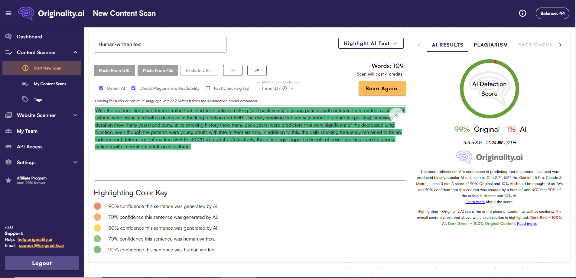 Originality.ai content detector test for human-generated texts