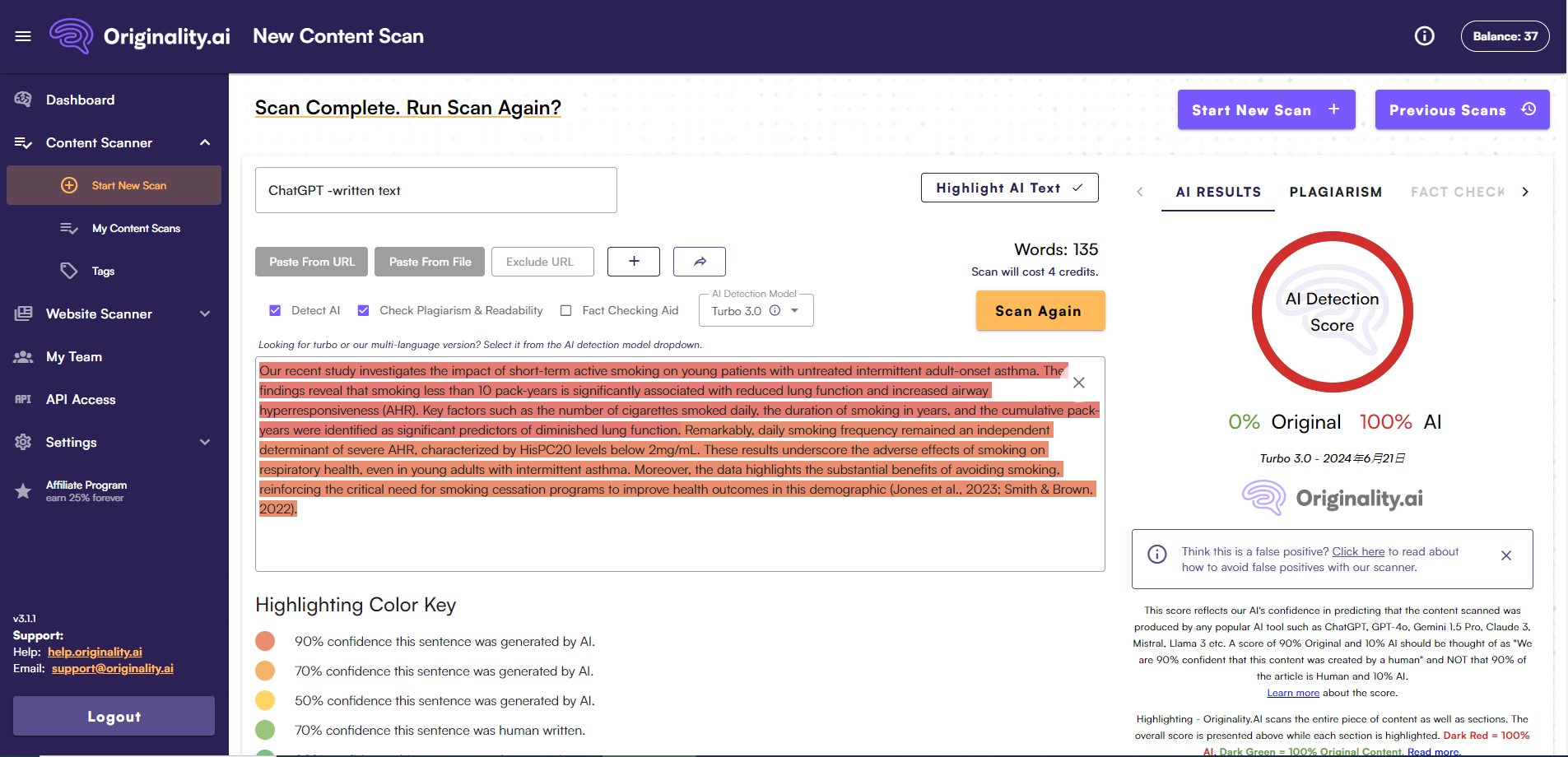 Originality.ai content detector test for chatgpt-generated texts