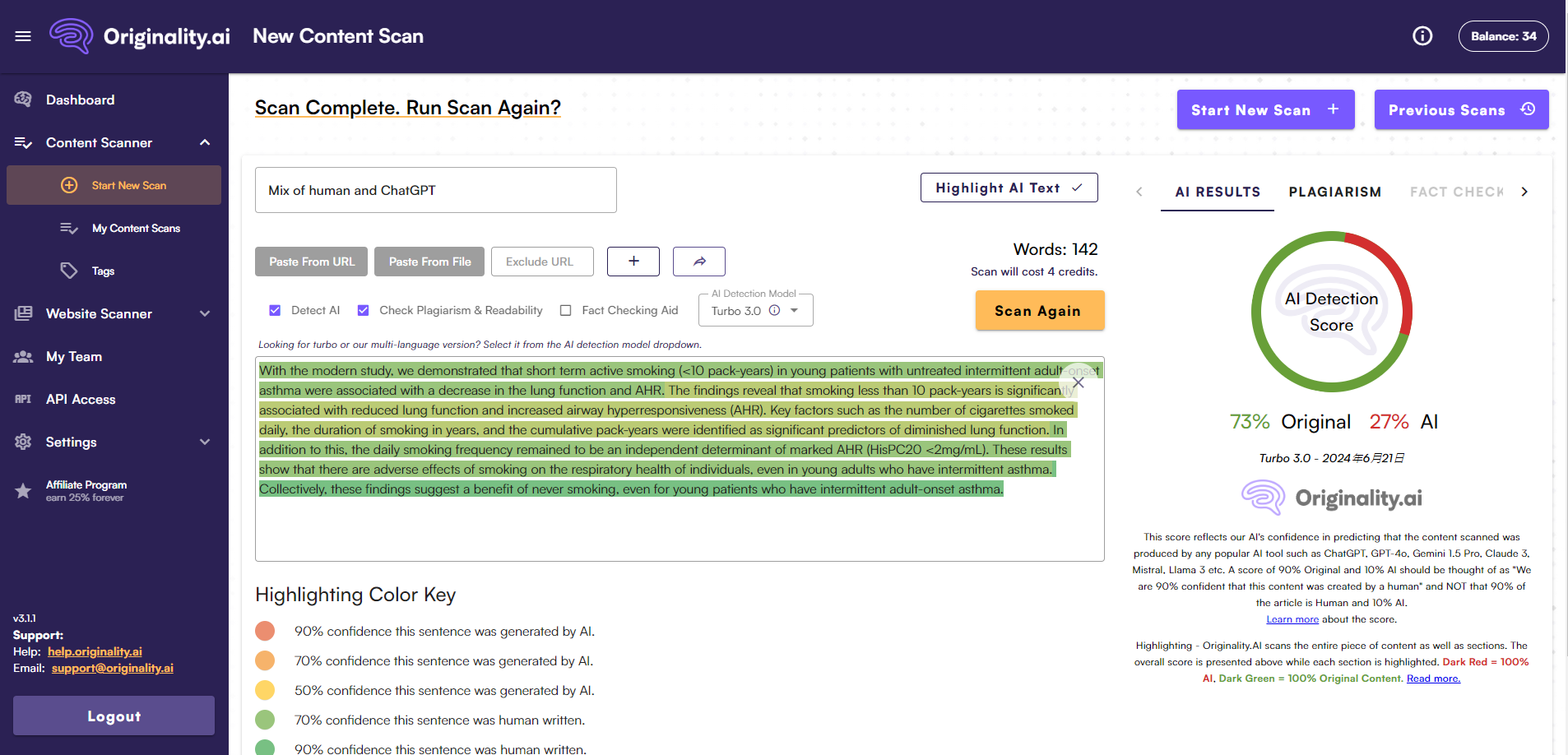Originality.ai content detector test for mixed texts