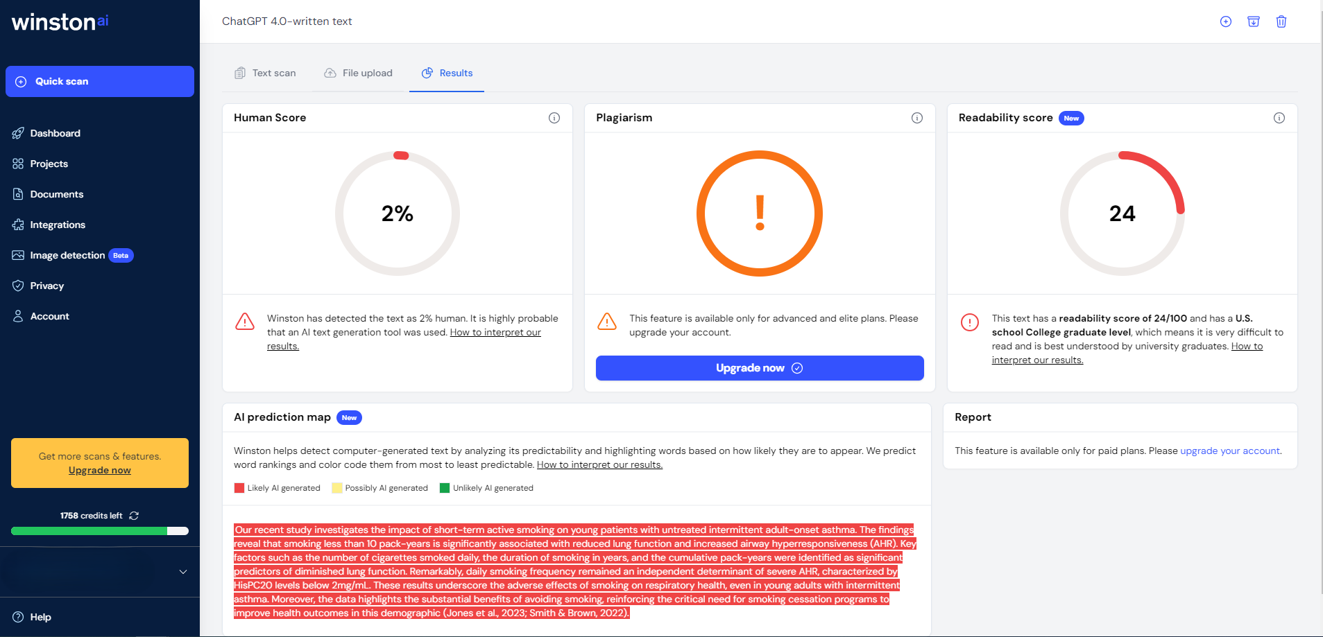 Winston AI content detector test for chatgpt-generated texts
