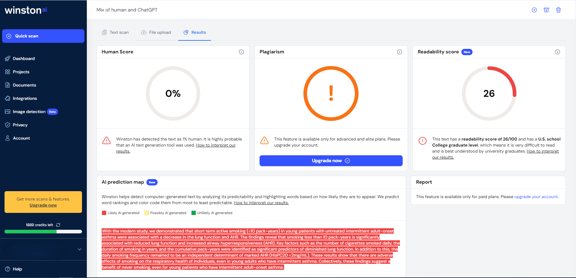 Winston AI content detector test for mixed texts