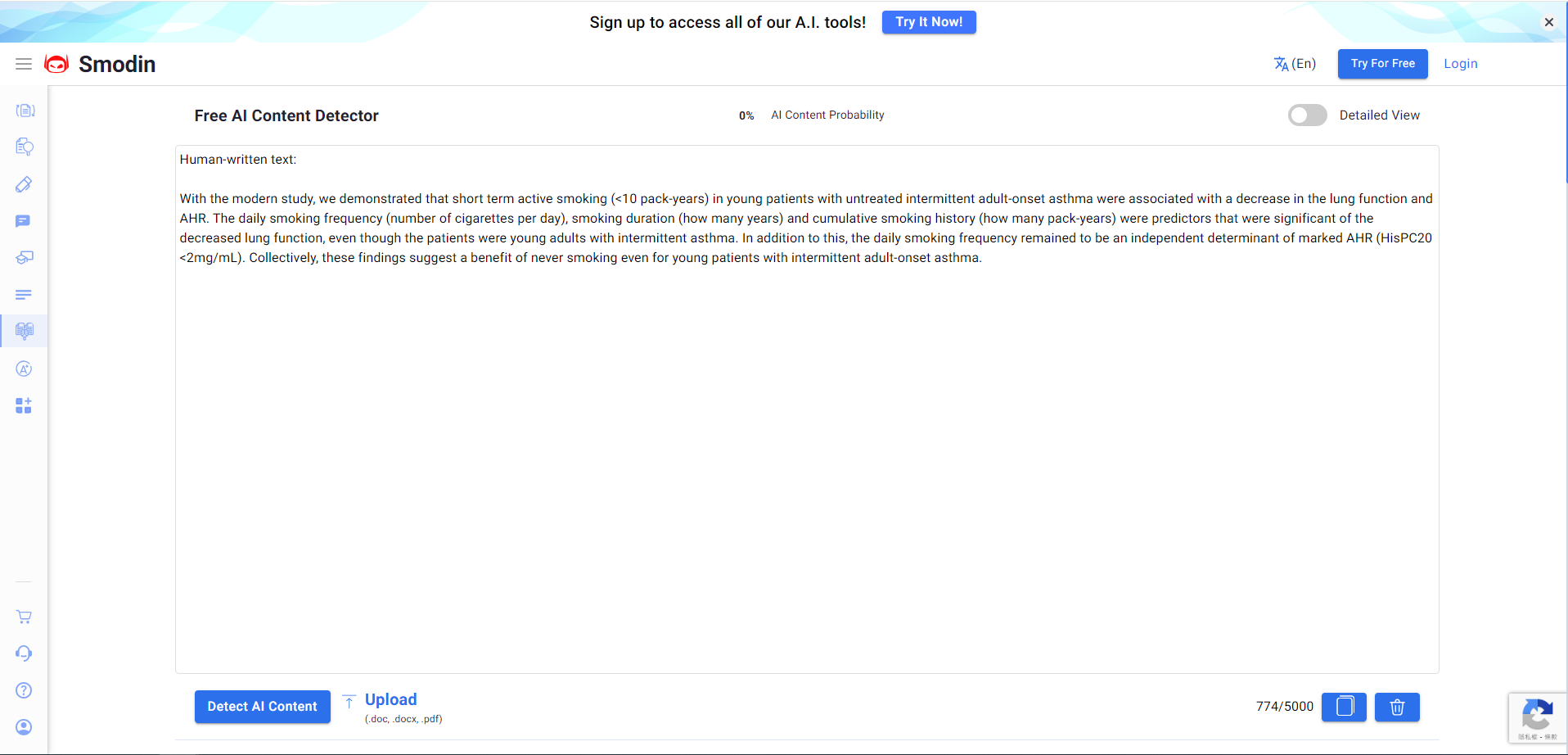 Smodin ai detector test for human-generated texts