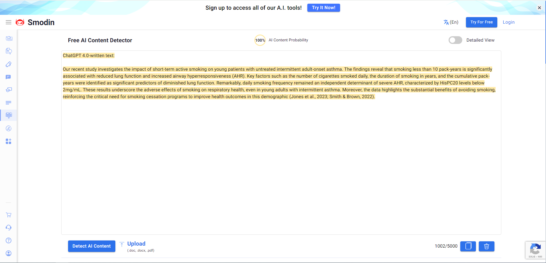 Smodin ai detector test for chatgpt-generated texts