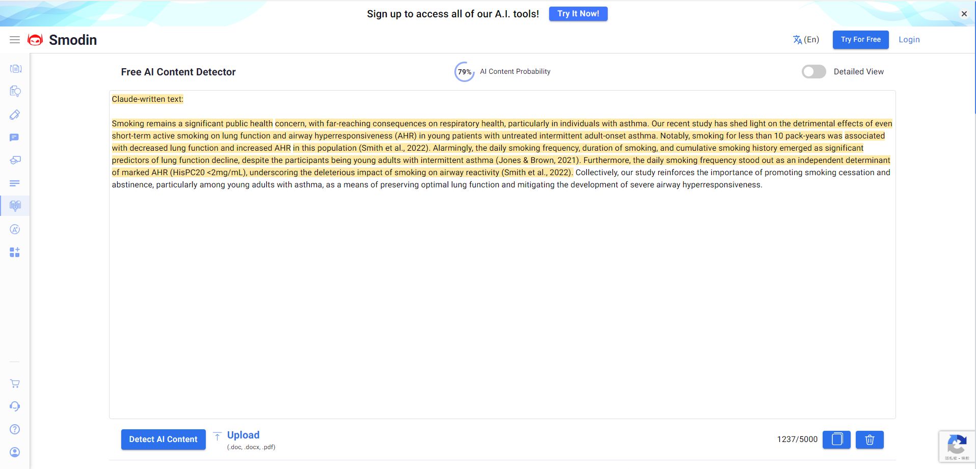 Smodin ai detector test for claude-generated texts