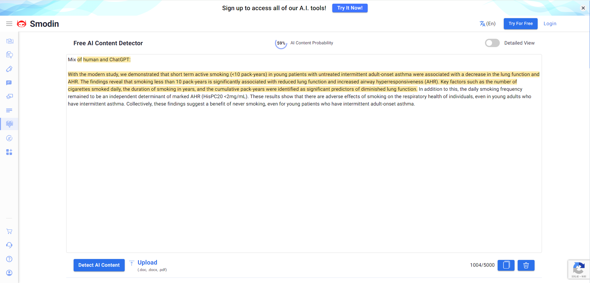 Smodin ai detector test for mixed texts