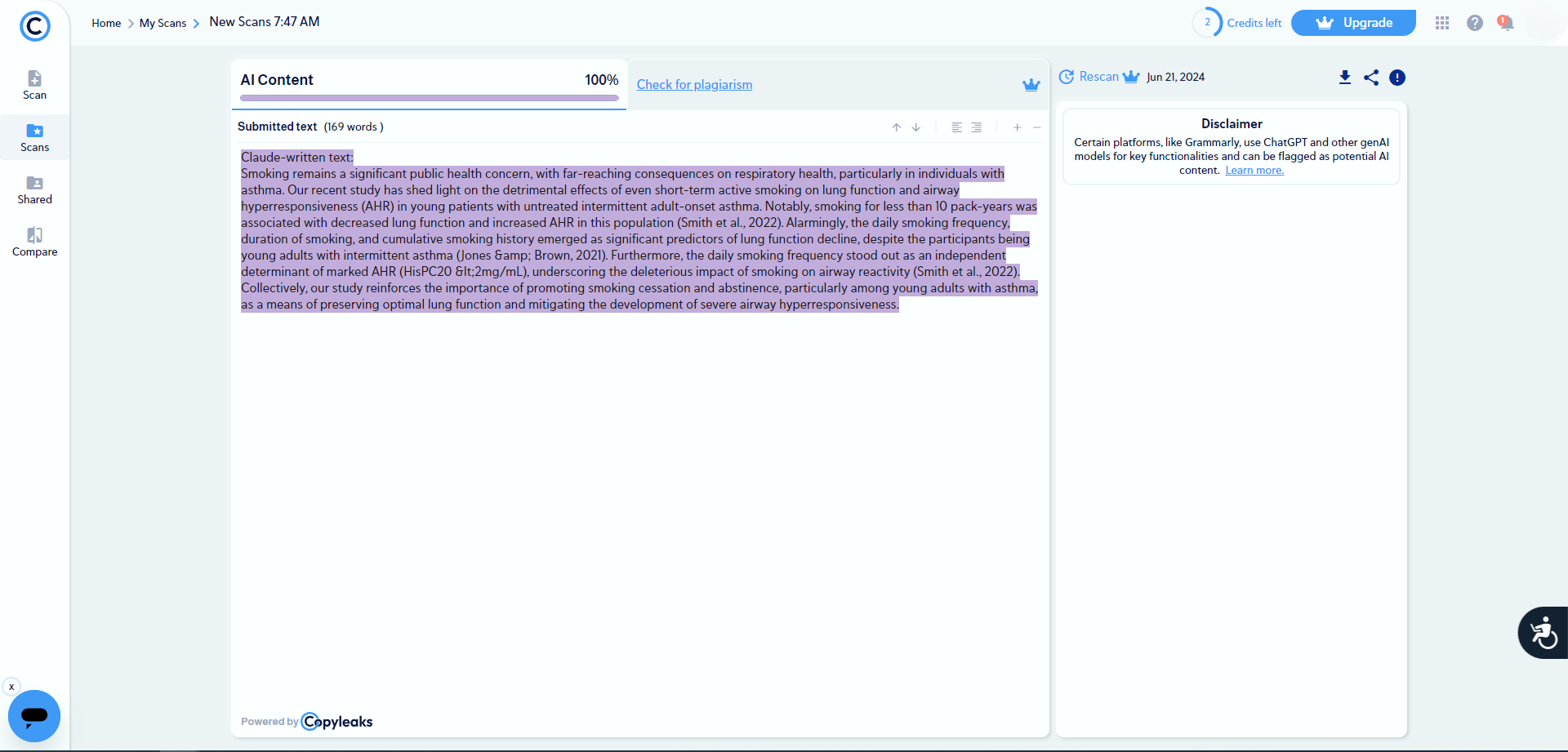 Copyleaks ai detector text for claude-generated texts