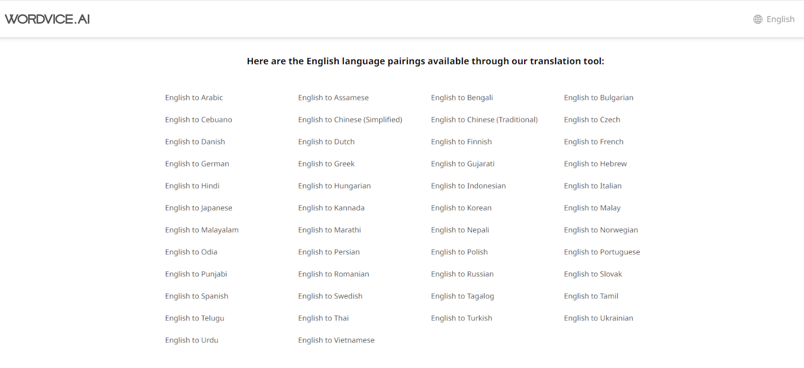 Wordvice AI English translator pairings