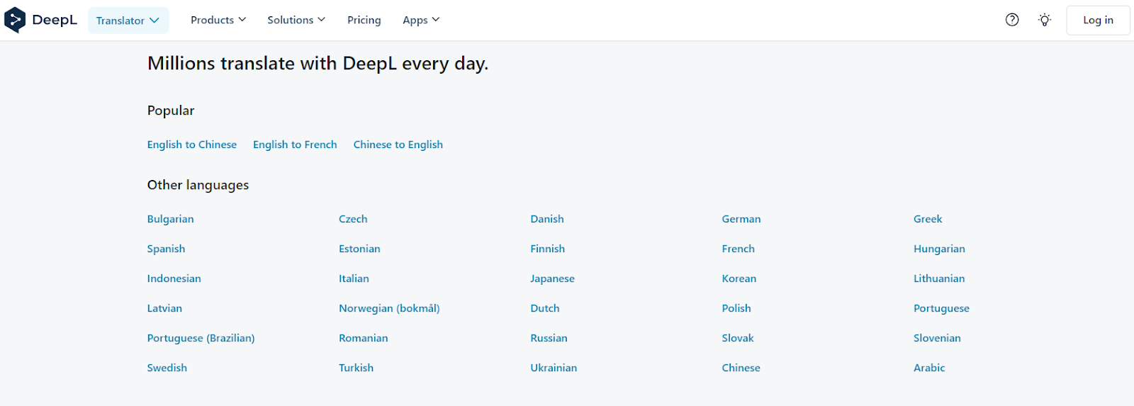 Available languages for DeepL translator