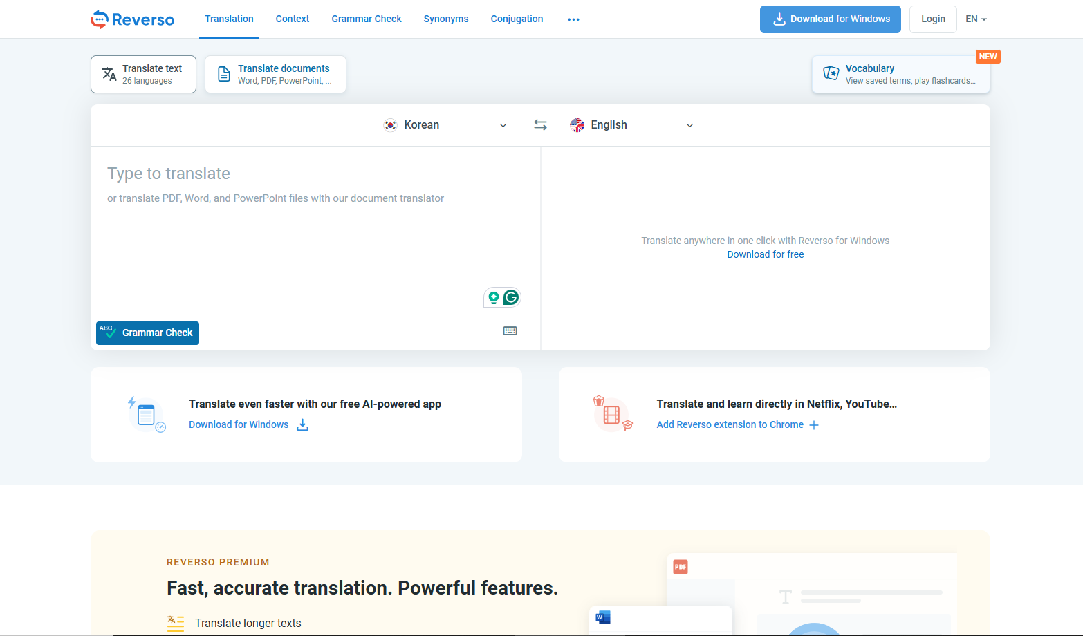 The main page of Reverso Translation