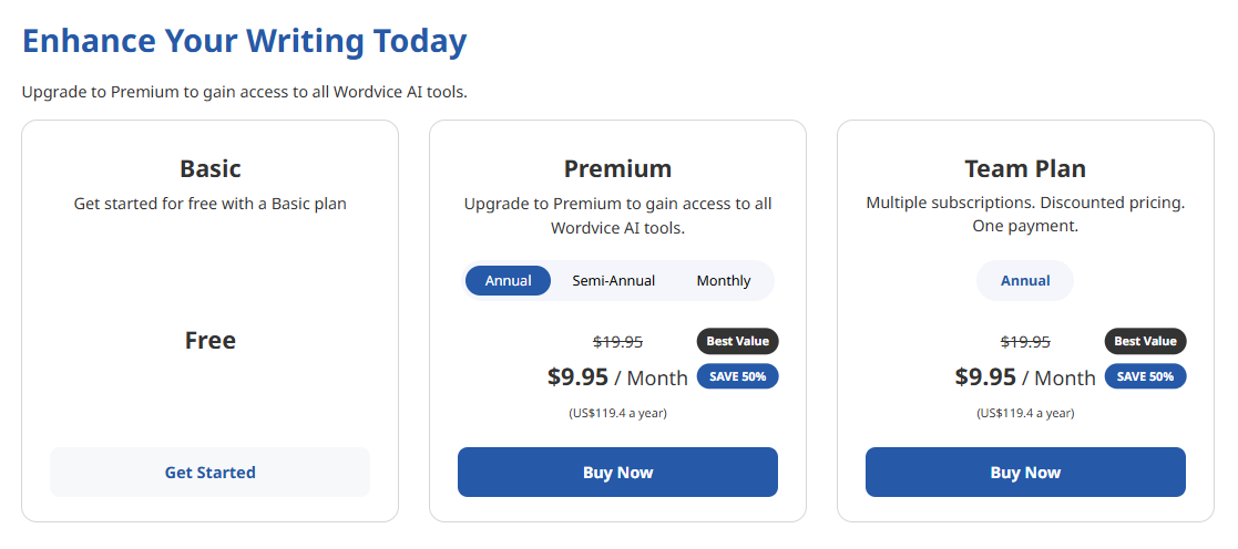 Wordvice AI pricing and plans options