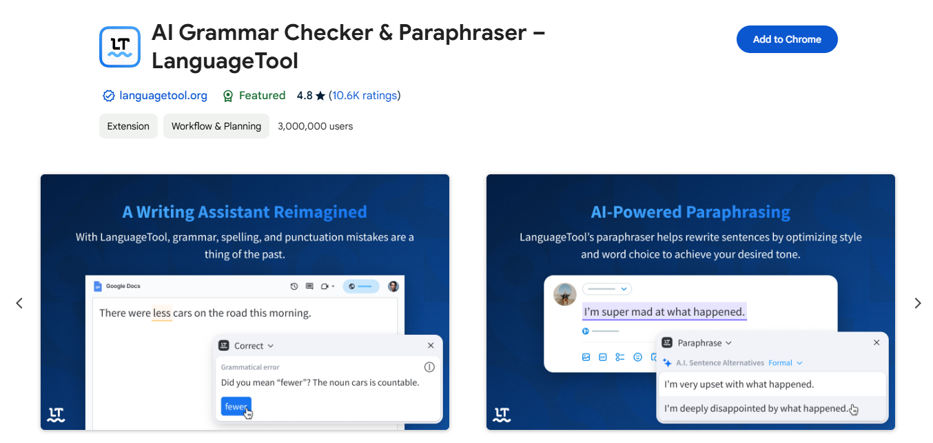LanguageTool Chrome Extenstion Page