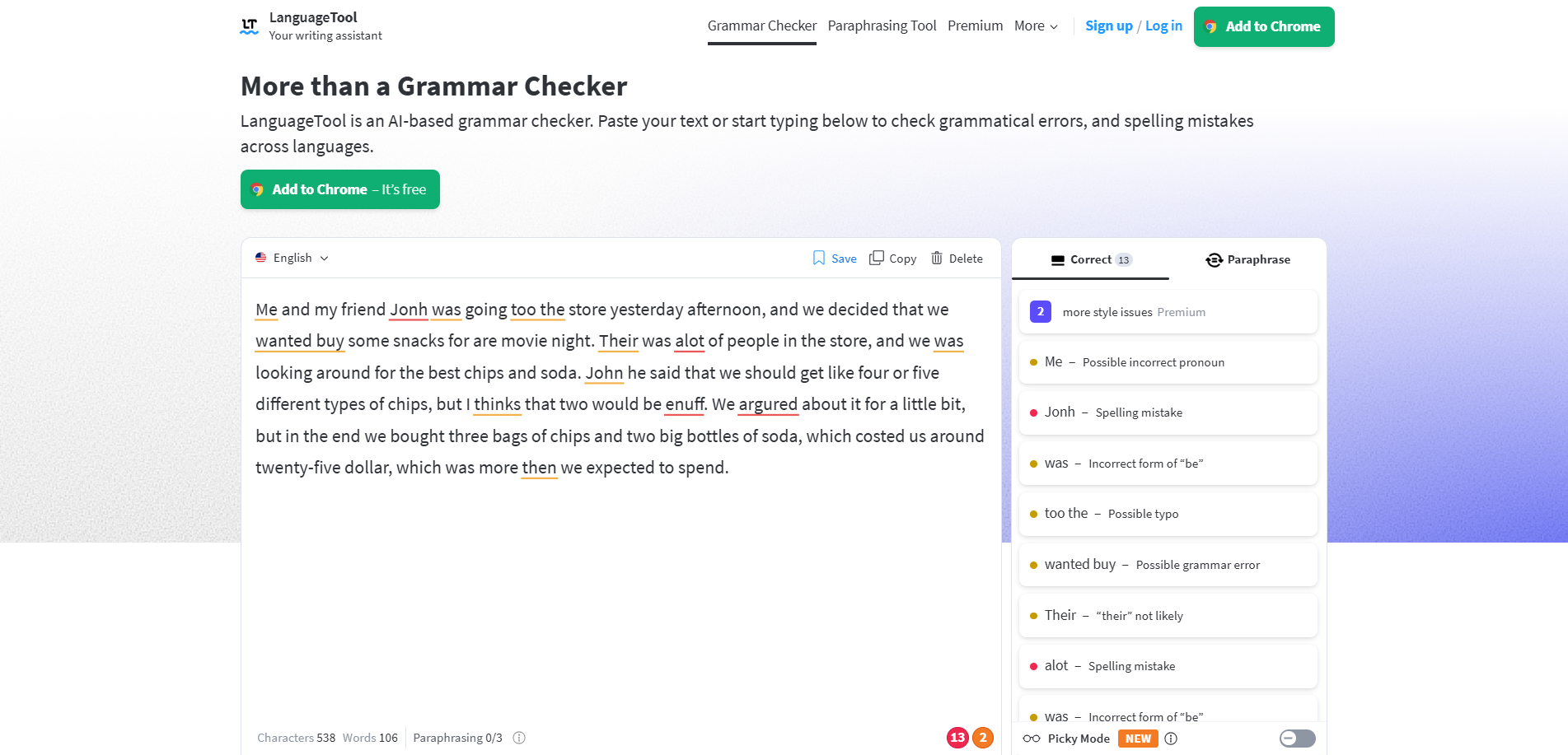 LanguageTool Grammar Checker example