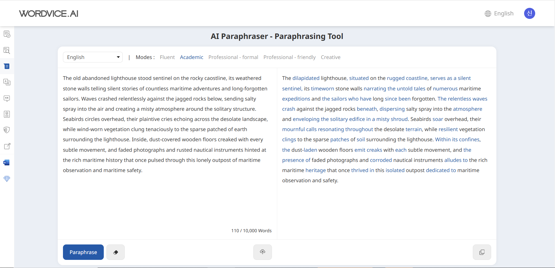 Wordvice AI Paraphraser Example