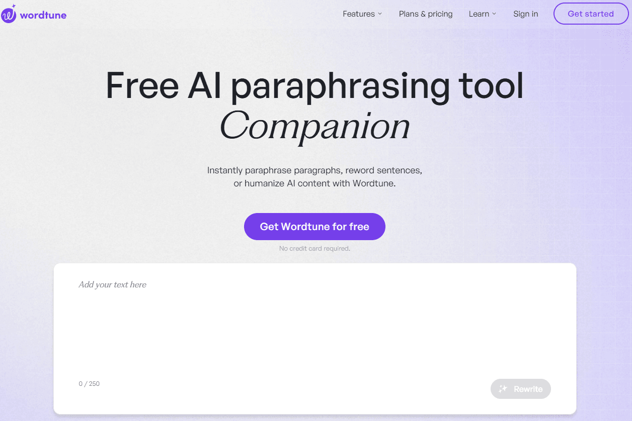 Wordtune Paraphraser Main Page