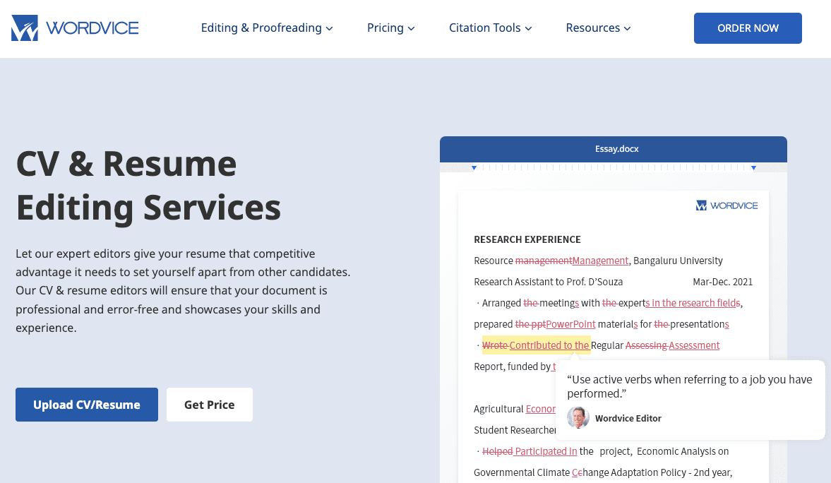 Wordvice CV & Resume Editing Service Homepage