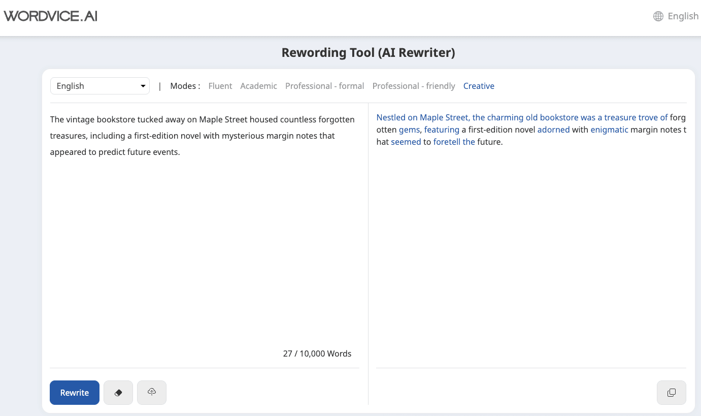 Wordvice AIリライトツール例