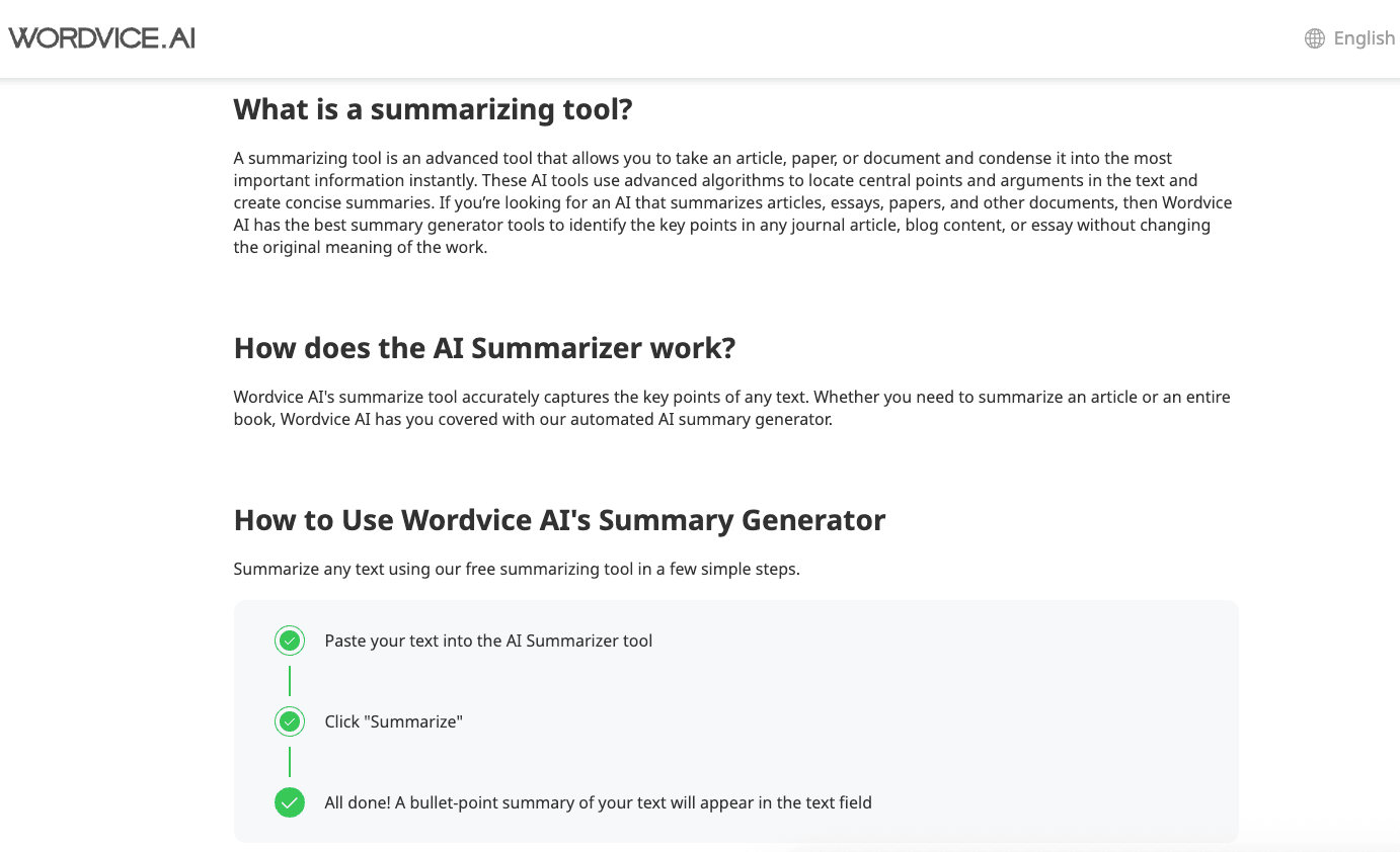 Wordvice AI Summarizer Page