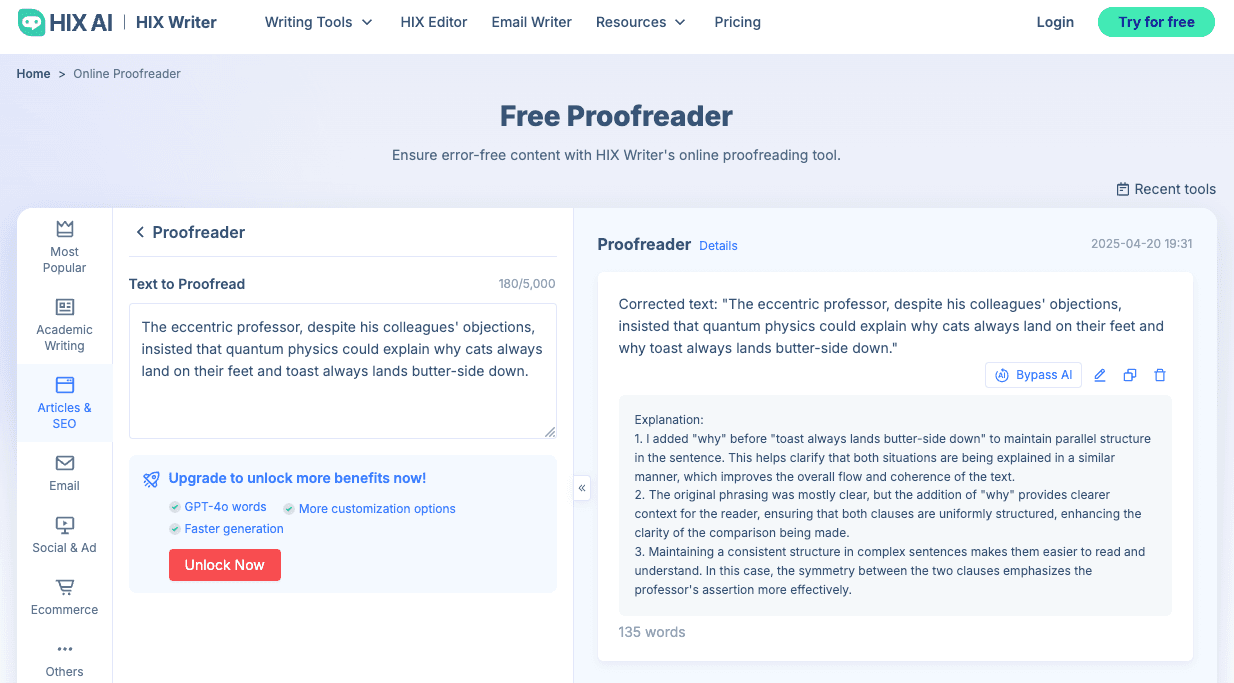 HIX AI Free Proofreader Example