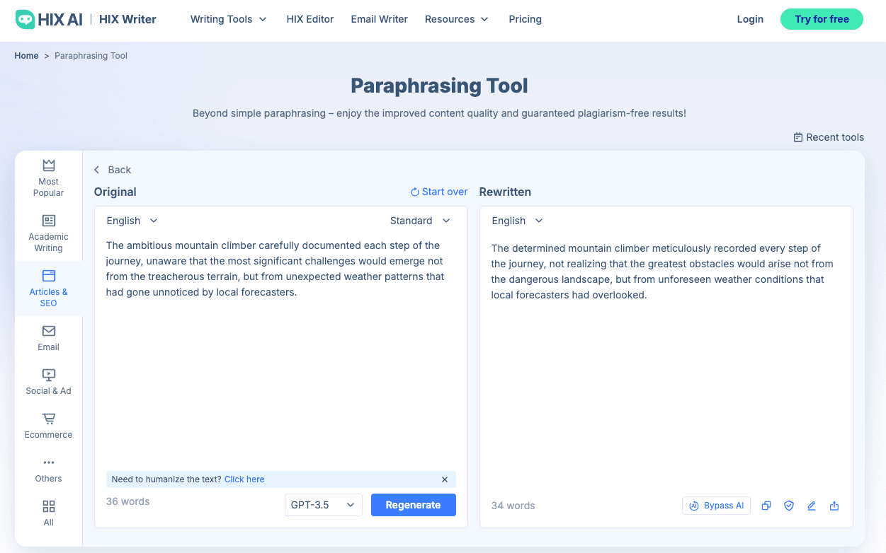 HIX AI Paraphrasing Tool Example