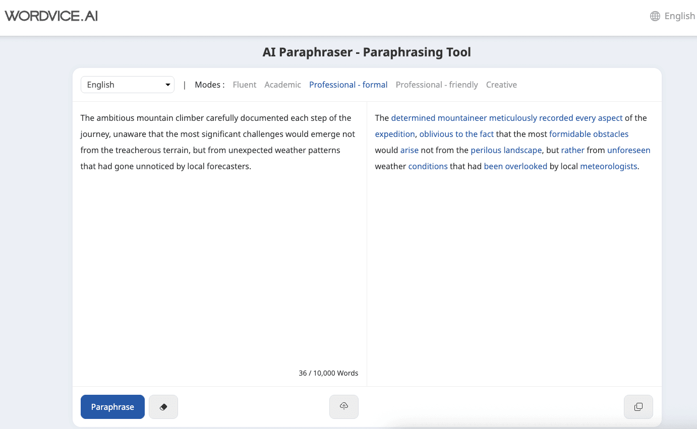 Wordvice AI Paraphraser Example