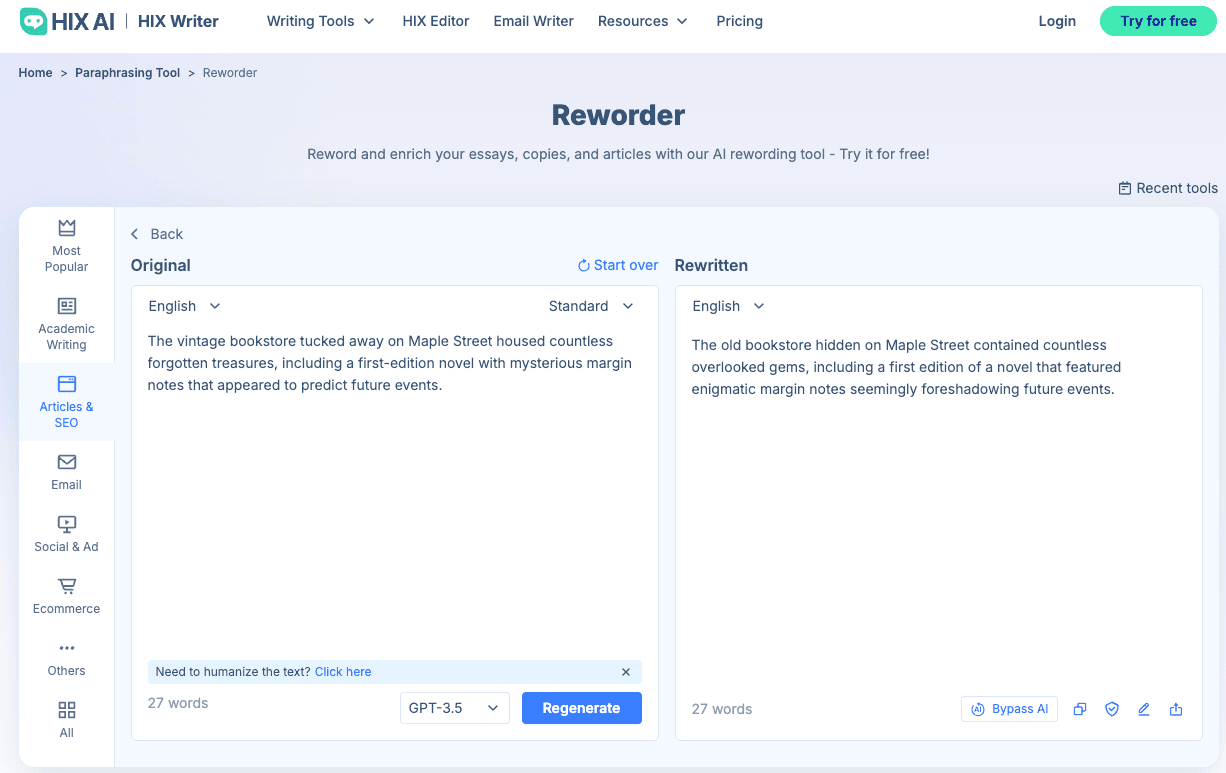 HIX AI Reworder Example