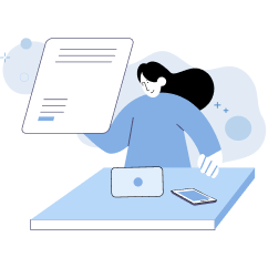 vector image of a woman in a blue shirt in front of a platform working on a document