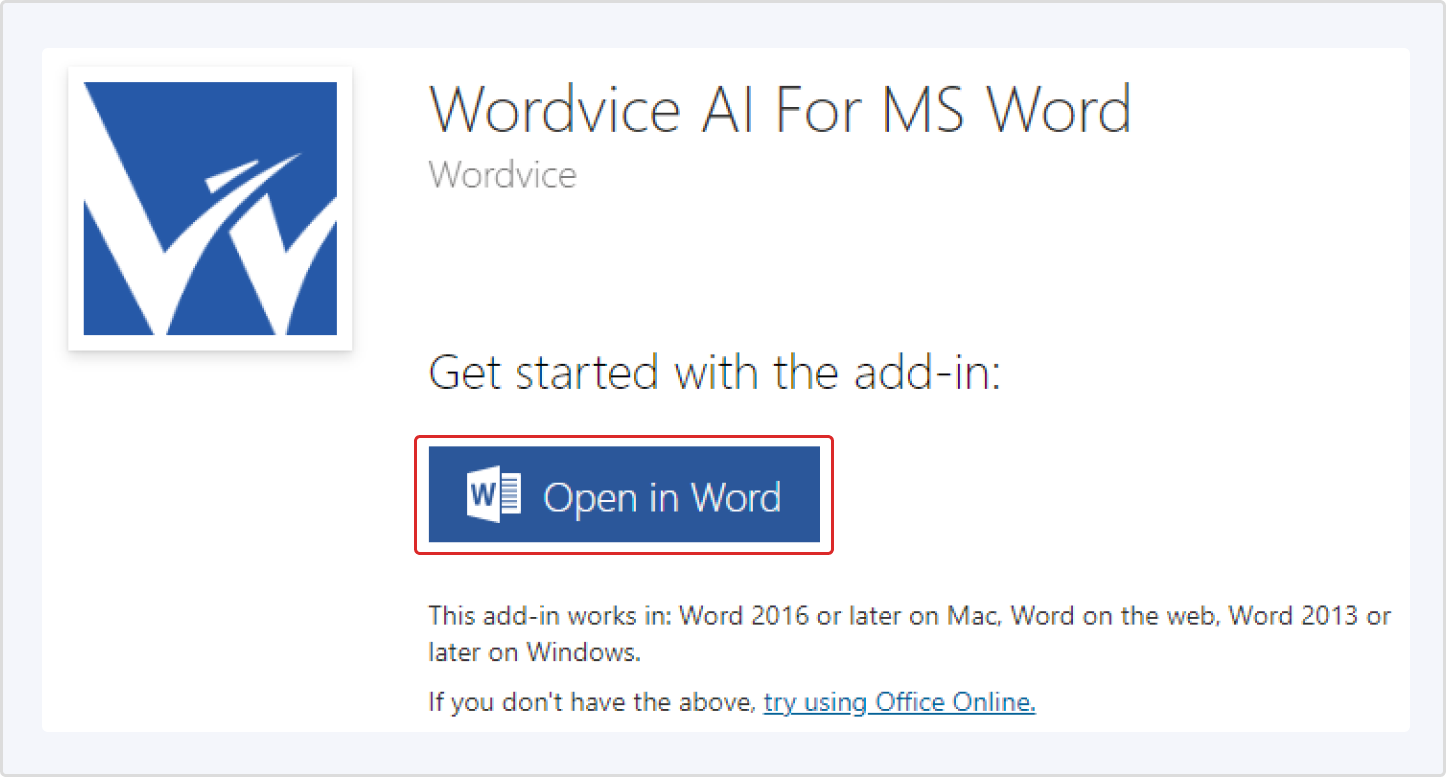 Wordvice AI for MS Word open in Word instructions