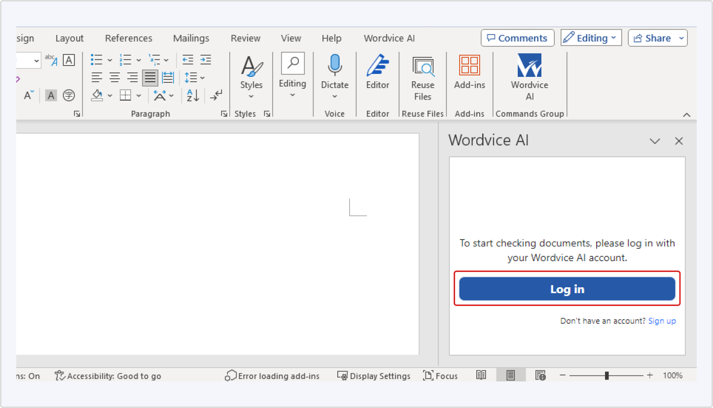 Log in screen for Wordvice AI MS Word Add-in