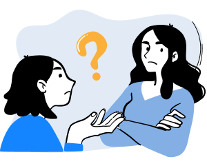 two cartoon women in blue having a confusing conversation, question mark between them