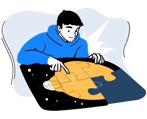cartoon man in blue hoodie pointing at an unfinished puzzle of a light bulb