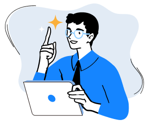 cartoon man in blue shirt and black tie wearing glasses and holding a notepad, holding up a finger