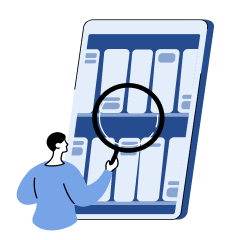 Light blue drawing of a small person holding a huge magnifying glass in front of books