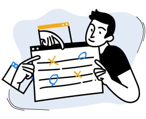 Cartoon man sitting behind a screen with Xs and Os written on it