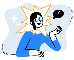 Cartoon woman wearing blue shirt and glasses with a star around her neck speaking in an exclamation