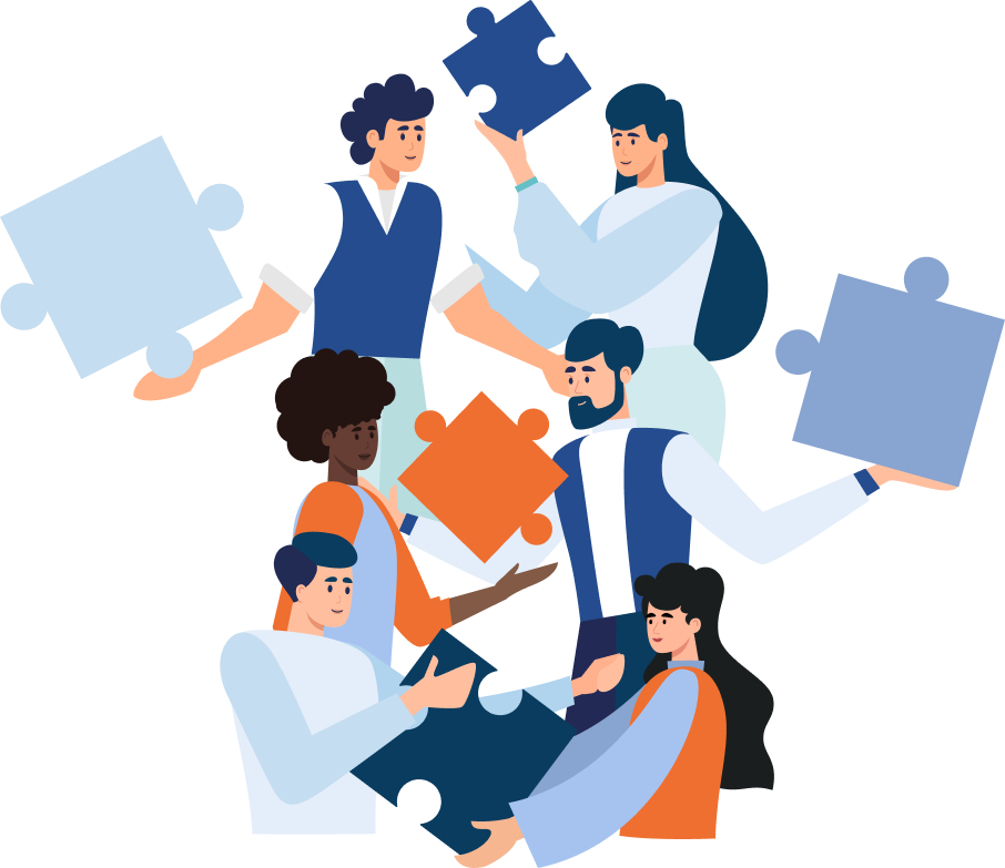 wordvice ai team plan; cartoon image of people holding puzzle pieces