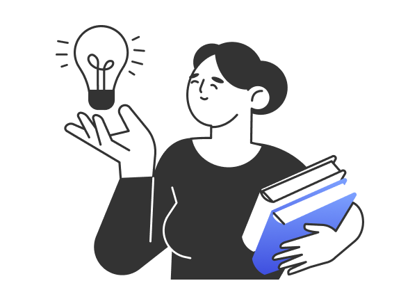 A woman holding a light bulb and a book