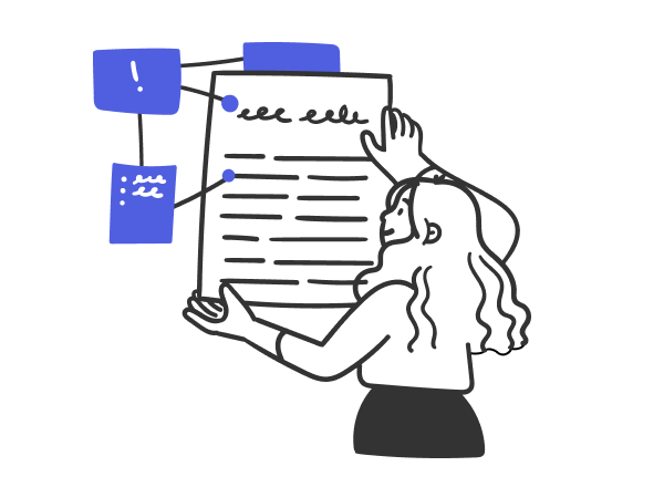 A woman who analyzes a long piece of writing on a piece of paper